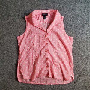 Jones New York Size L Ballet Pink Womens Button down Sleeveless Top Shirt Polka